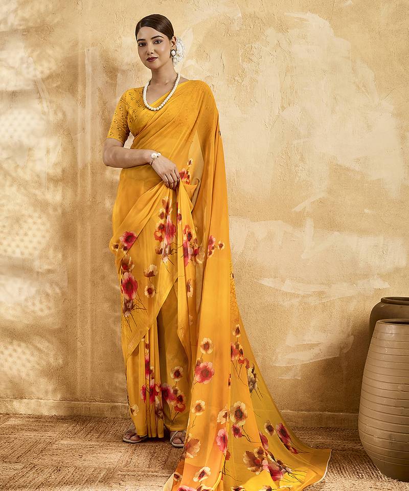Yellow georgette floral printed saree with unstitched blouse