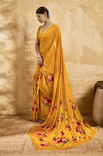 Yellow georgette floral printed saree with unstitched blouse