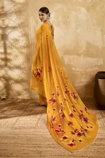 Yellow georgette floral printed saree with unstitched blouse