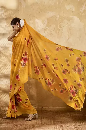 Yellow georgette floral printed saree with unstitched blouse