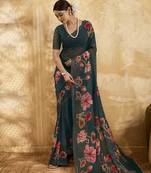 Dark green georgette floral printed saree with unstitched blouse