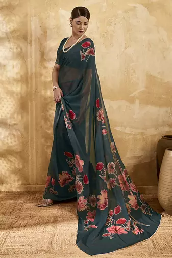 Dark green georgette floral printed saree with unstitched blouse