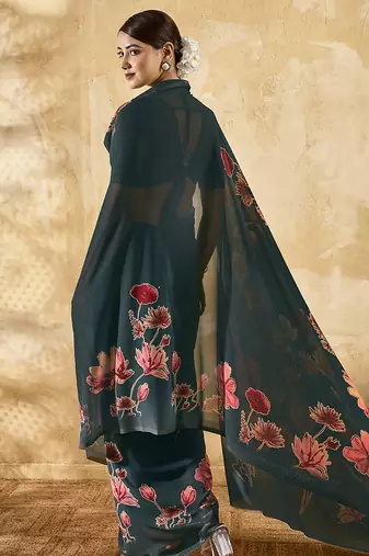 Dark green georgette floral printed saree with unstitched blouse