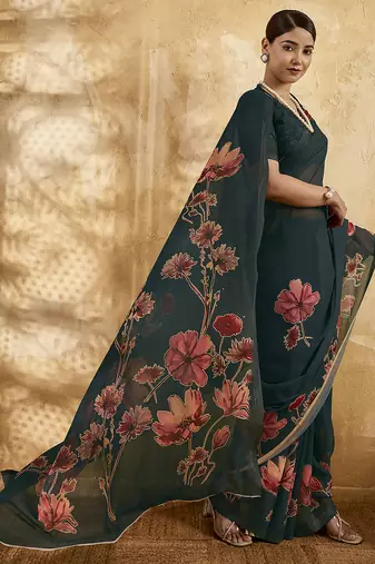 Dark green georgette floral printed saree with unstitched blouse