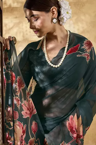 Dark green georgette floral printed saree with unstitched blouse