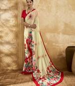 Beige georgette floral printed saree with unstitched blouse