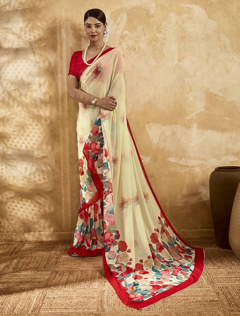 Beige georgette floral printed saree with unstitched blouse