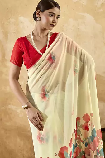 Beige georgette floral printed saree with unstitched blouse