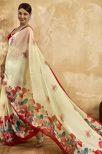 Beige georgette floral printed saree with unstitched blouse