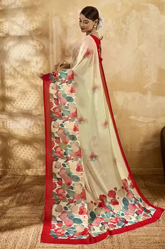 Beige georgette floral printed saree with unstitched blouse