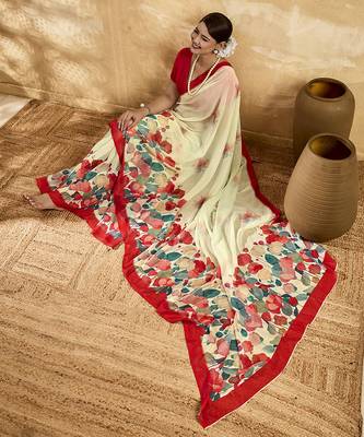 Beige georgette floral printed saree with unstitched blouse 5