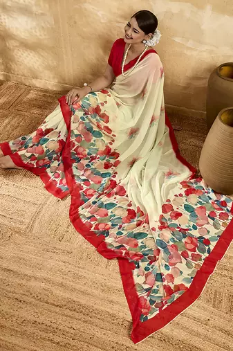 Beige georgette floral printed saree with unstitched blouse