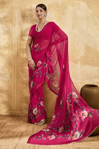 Pink georgette floral printed saree with unstitched blouse