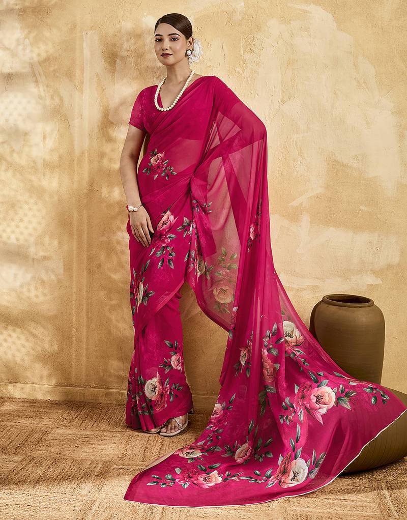 Pink georgette floral printed saree with unstitched blouse