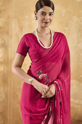 Pink georgette floral printed saree with unstitched blouse