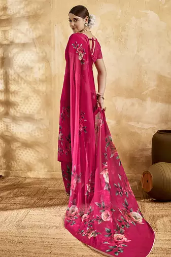 Pink georgette floral printed saree with unstitched blouse