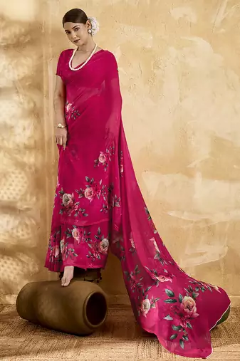 Pink georgette floral printed saree with unstitched blouse