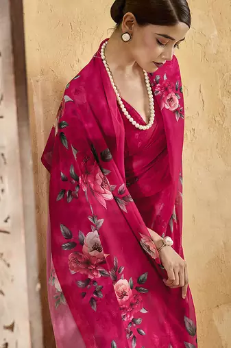 Pink georgette floral printed saree with unstitched blouse