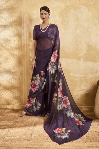 Purple georgette floral printed saree with unstitched blouse