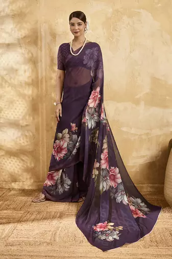 Purple georgette floral printed saree with unstitched blouse