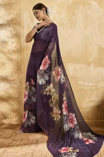 Purple georgette floral printed saree with unstitched blouse