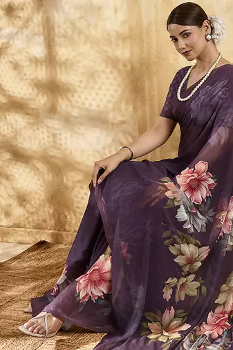 Purple georgette floral printed saree with unstitched blouse