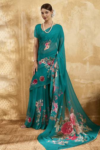 Green georgette floral printed saree with unstitched blouse