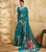 Green georgette floral printed saree with unstitched blouse