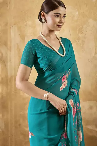 Green georgette floral printed saree with unstitched blouse