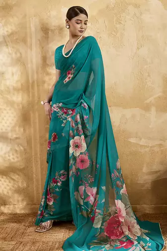 Green georgette floral printed saree with unstitched blouse