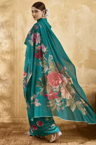 Green georgette floral printed saree with unstitched blouse