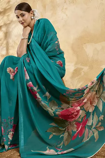 Green georgette floral printed saree with unstitched blouse