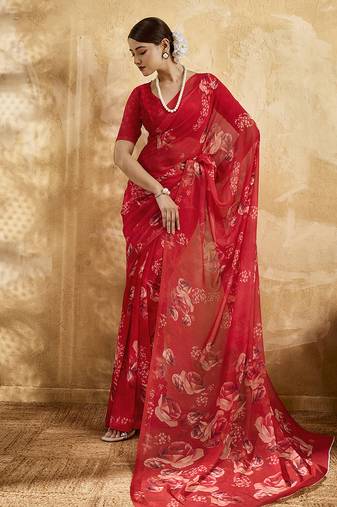 Red georgette floral printed saree with unstitched blouse