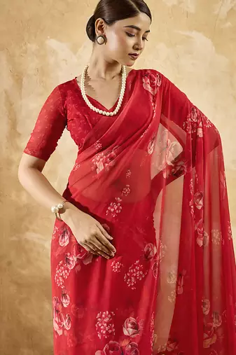 Red georgette floral printed saree with unstitched blouse