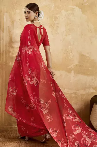 Red georgette floral printed saree with unstitched blouse