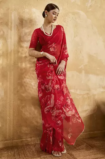 Red georgette floral printed saree with unstitched blouse