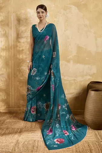 Green georgette floral printed saree with unstitched blouse