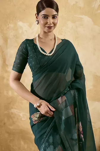 Bottle green georgette floral printed saree with unstitched blouse