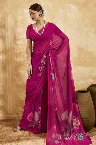 Pink georgette floral printed saree with unstitched blouse