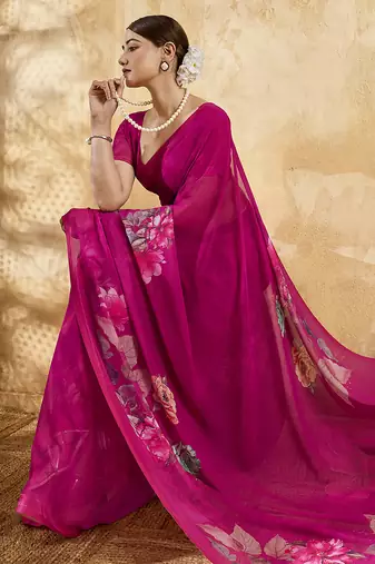 Pink georgette floral printed saree with unstitched blouse