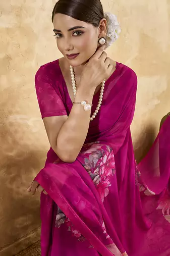 Pink georgette floral printed saree with unstitched blouse