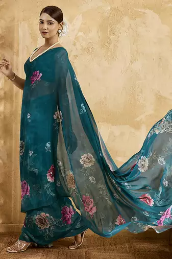 Green georgette floral printed saree with unstitched blouse