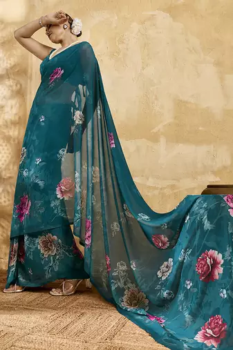 Green georgette floral printed saree with unstitched blouse