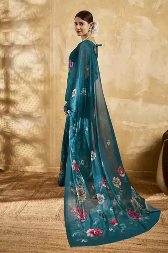 Green georgette floral printed saree with unstitched blouse