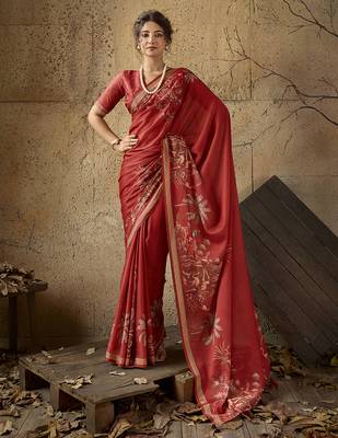 Red georgette floral printed saree with unstitched blouse 1