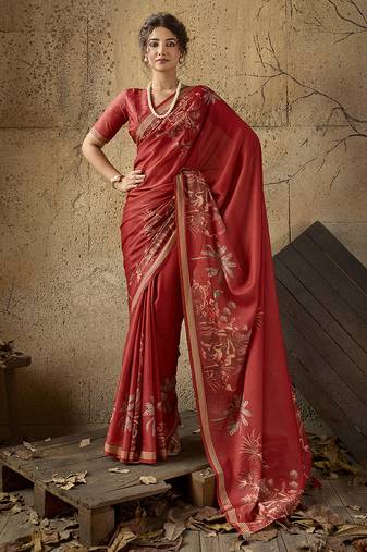 Red georgette floral printed saree with unstitched blouse