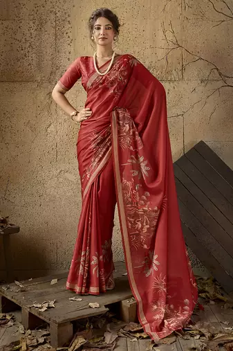 Red georgette floral printed saree with unstitched blouse