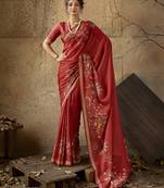 Red georgette floral printed saree with unstitched blouse