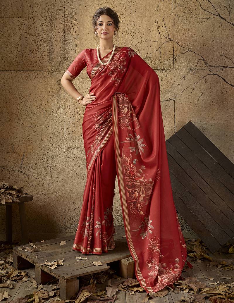 Red georgette floral printed saree with unstitched blouse
