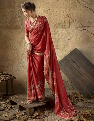 Red georgette floral printed saree with unstitched blouse 2